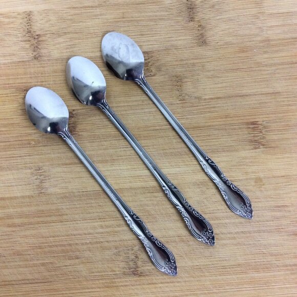 Set Of 3 Stainless Steel Iced Tea Spoons With Floral Design Unbranded - Picture 2 of 4